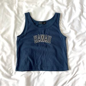 Trendy Hawaii Embroidered Word Cropped Tank, S, Blue